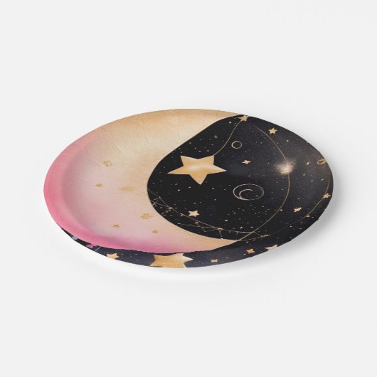 Bezaubernde Wasserfarbendusche für Mond und Sterne Pappteller (Schrägansicht)