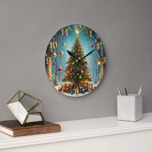 Bezaubernde Weihnachten im Wald: Baum Große Wanduhr