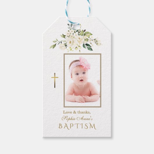 Bezaubernde weiße Blütengoldgürtel-Foto-Taufe Geschenkanhänger (Vorderseite)