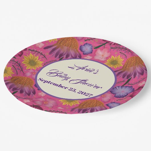 Bezaubernde Wildblume Rosa Kinderdusche Pappteller (Schrägansicht)