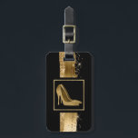 Bezaubernder GoldStilett-Gepäckanhänger Gepäckanhänger<br><div class="desc">Bezaubernder Gepäckumbau getan im Schwarzen mit Grafiken der Goldfarbenbürstenanschläge und -Glitters,  mit einem goldenen Paar hohem Heels des Stiletts,  der die Front verziert.  Personifizieren Sie die Textfelder,  auf der Rückseite des Umbaus,  zum Anzug Ihr Bedarf.</div>