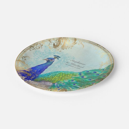 Bezaubernder Imitat-Goldblatt-Pfau-Schwanz Pappteller (Schrägansicht)