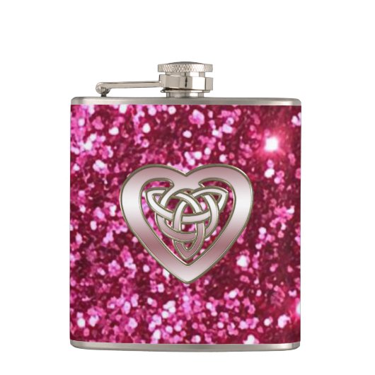 Bezaubernder rosa Glitzer-keltische Herz-Flasche Flachmann (Vorderseite)