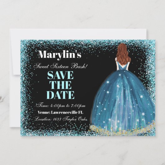 Bezaubernder türkisfarbener Glitzer Prinzessin Swe Save The Date (Vorderseite)