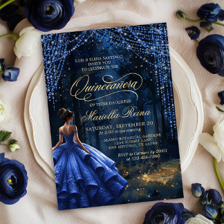 Bezaubernder Wald Royal Blue Quinceañera Einladung