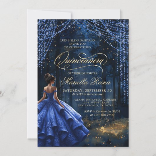 Bezaubernder Wald Royal Blue Quinceañera Einladung (Vorderseite)