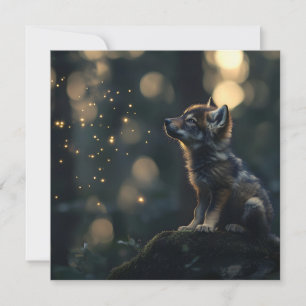 Bezaubernder Wolf, der Fireflies beobachtet Feiertagskarte