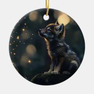 Bezaubernder Wolf, der Fireflies beobachtet Keramik Ornament