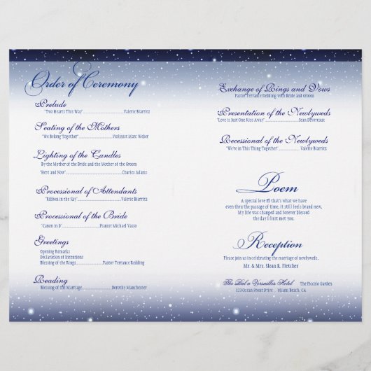 Bezauberndes Abend-Hochzeitsprogramm | Marine (Rückseite)