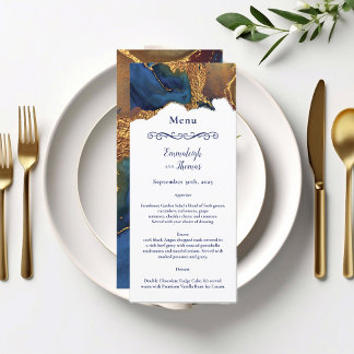 Bezauberndes Abstraktes Blue Gold Hochzeitmenü Menükarte