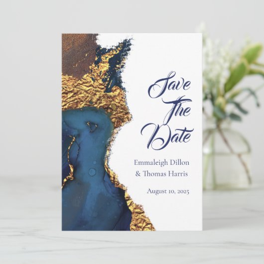 Bezauberndes Abstraktes Blue Gold Save The Date (Stehend Vorderseite)