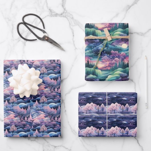 Bezauberndes Aurora Wonderland: Winterdesign Geschenkpapier Set (Vorderseite)