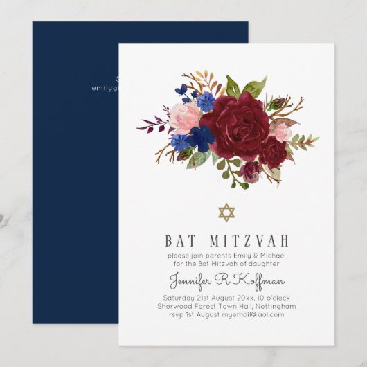 Bezauberndes BAT MITZVAH in blauem Rosa Einladung (Vorne/Hinten)
