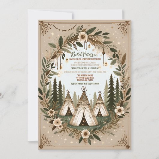 Bezauberndes Boho Forest Teepee Sleepover Party Einladung (Vorderseite)