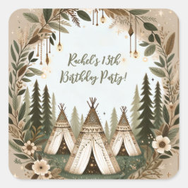 Bezauberndes Boho Forest Teepee Sleepover Party Quadratischer Aufkleber