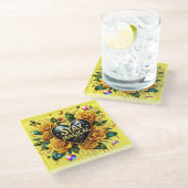 Bezauberndes Bouquet mit goldenen Rose und Herz Glasuntersetzer (Schrägansicht)