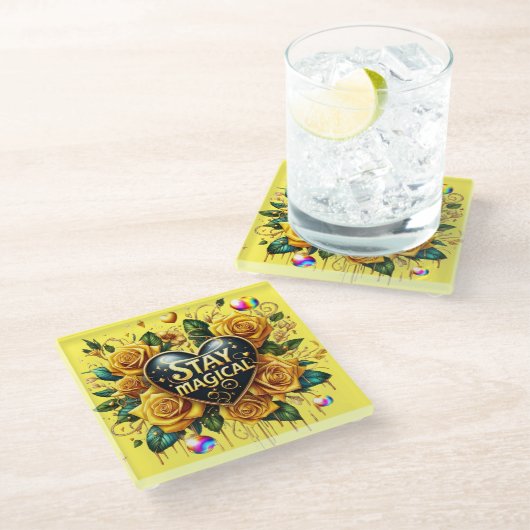 Bezauberndes Bouquet mit goldenen Rose und Herz Glasuntersetzer (Schrägansicht)