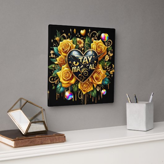 Bezauberndes Bouquet mit goldenen Rose und Herz Quadratische Wanduhr (Büro)