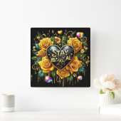 Bezauberndes Bouquet mit goldenen Rose und Herz Quadratische Wanduhr (Zuhause)