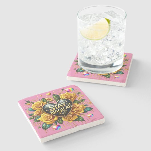 Bezauberndes Bouquet mit goldenen Rose und Herz Steinuntersetzer (Seitenansicht)