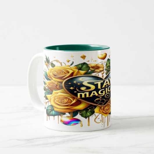Bezauberndes Bouquet mit goldenen Rose und Herz Zweifarbige Tasse (Vorderseite Links)