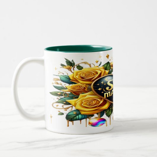 Bezauberndes Bouquet mit goldenen Rose und Herz Zweifarbige Tasse (Links)