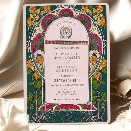 Bezauberndes Forest Art Déco Hochzeit Einladung