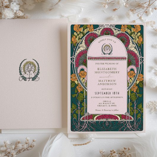 Bezauberndes Forest Art Déco Hochzeit Einladung