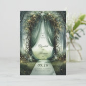 Bezauberndes Forest Dreamy Fairy Tale Foto Hochzei Save The Date (Stehend Vorderseite)