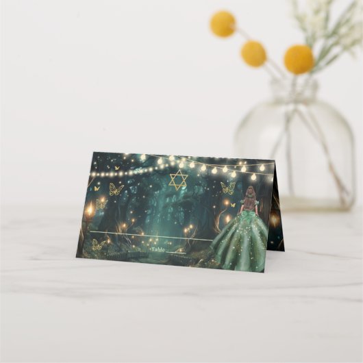 Bezauberndes Forest Emerald Green Dress Bat Mitzva Platzkarte (Rückseite)
