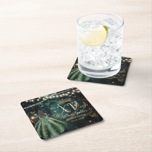 Bezauberndes Forest Emerald Green Dress Quinceañer Rechteckiger Pappuntersetzer (Vor Ort)