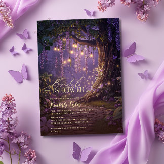 Bezauberndes Forest Fairy Lights Lila Brautparty Einladung