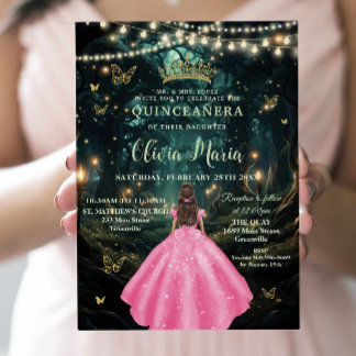 Bezauberndes Forest Pink Dress Girl Gold Quinceañe Einladung