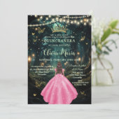 Bezauberndes Forest Pink Dress Girl Gold Quinceañe Einladung (Stehend Vorderseite)