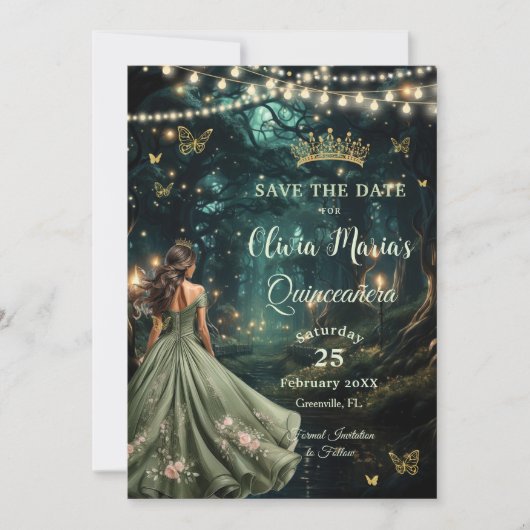 Bezauberndes Forest Sage Green Dress Quinceañera Save The Date (Vorderseite)