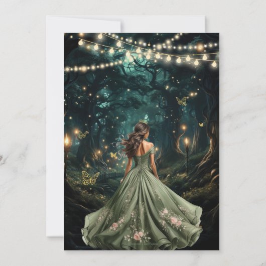 Bezauberndes Forest Sage Green Dress Quinceañera Save The Date (Rückseite)