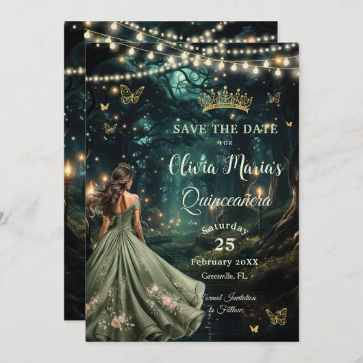 Bezauberndes Forest Sage Green Dress Quinceañera Save The Date (Vorne/Hinten)
