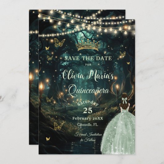 Bezauberndes Forest Sage Green Dress Quinceañera Save The Date (Vorne/Hinten)