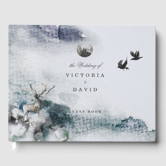 Bezauberndes Forest Stag Moon Wedding Gästebuch (Vorderseite)