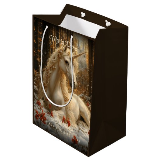 Bezauberndes Forest Unicorn Burg Fairytale Mittlere Geschenktüte (Rückseite Schrägansicht)