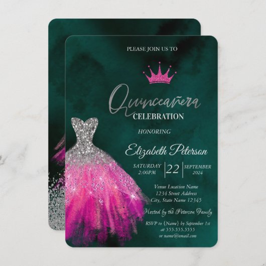 Bezauberndes Glitzer Kleid, Karo Grün Sweet 15 in Einladung (Vorne/Hinten)