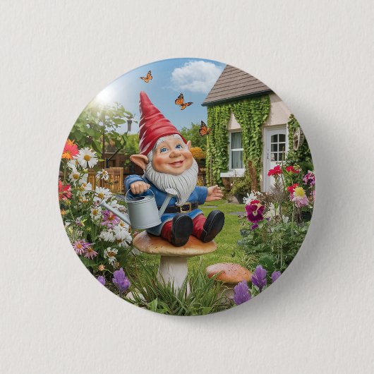 Bezauberndes Gnome mit Wasserkocher Button (Vorderseite)