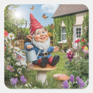 Bezauberndes Gnome mit Wasserkocher Quadratischer Aufkleber