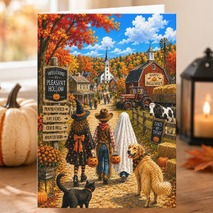 Bezauberndes Herbst-Dorf Frohes Halloween Karte