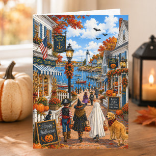 Bezauberndes Herbst-Küsten-Dorf Frohes Halloween Karte