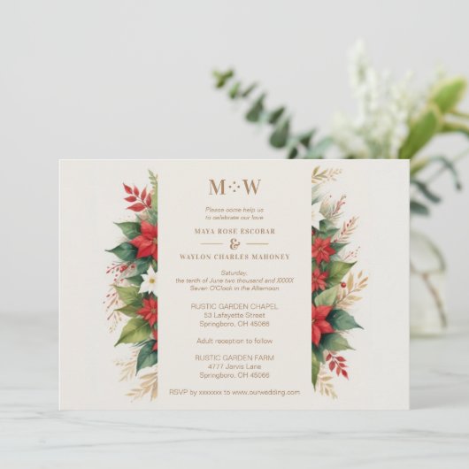 Bezauberndes Holly & Christmas Poinsettias Foto Einladung (Stehend Vorderseite)