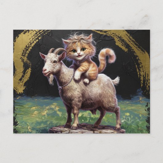bezauberndes Ingwer Kitten, das eine Ziege reitet Postkarte (Vorderseite)