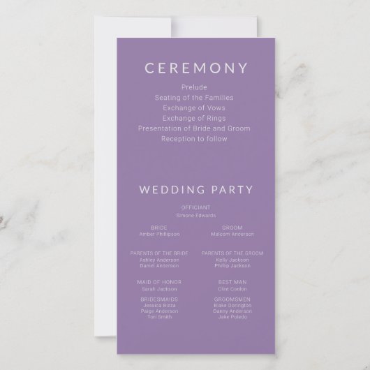 Bezauberndes Lavendel-Hochzeitsprogramm für Lila B (Rückseite)