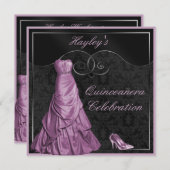 Bezauberndes lila Ballkleid-Schwarzes Quinceanera Einladung (Vorne/Hinten)