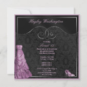 Bezauberndes lila Ballkleid-Schwarzes Quinceanera Einladung (Rückseite)